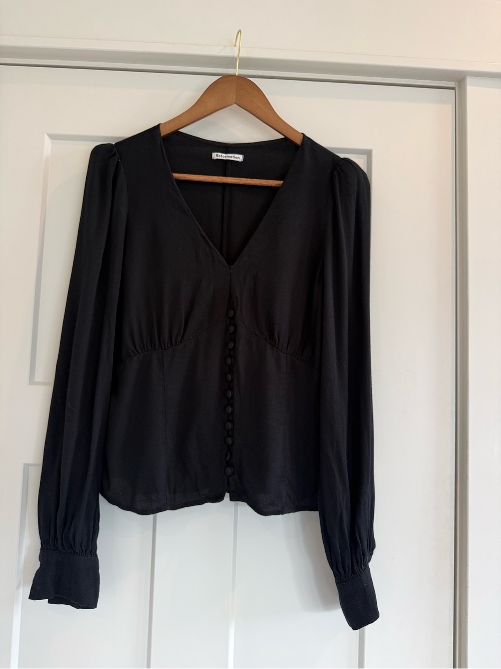 Reformation Nell Black V-Neck Puff Sleeve Button Blouse Size XL
